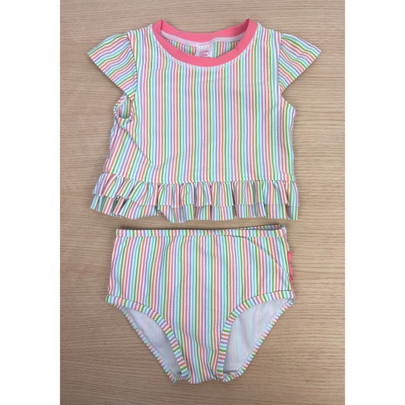 Ruffle Butts 3T Girls Striped Swimsuit Set Pink Trim Ruffles - Picture 1 of 11